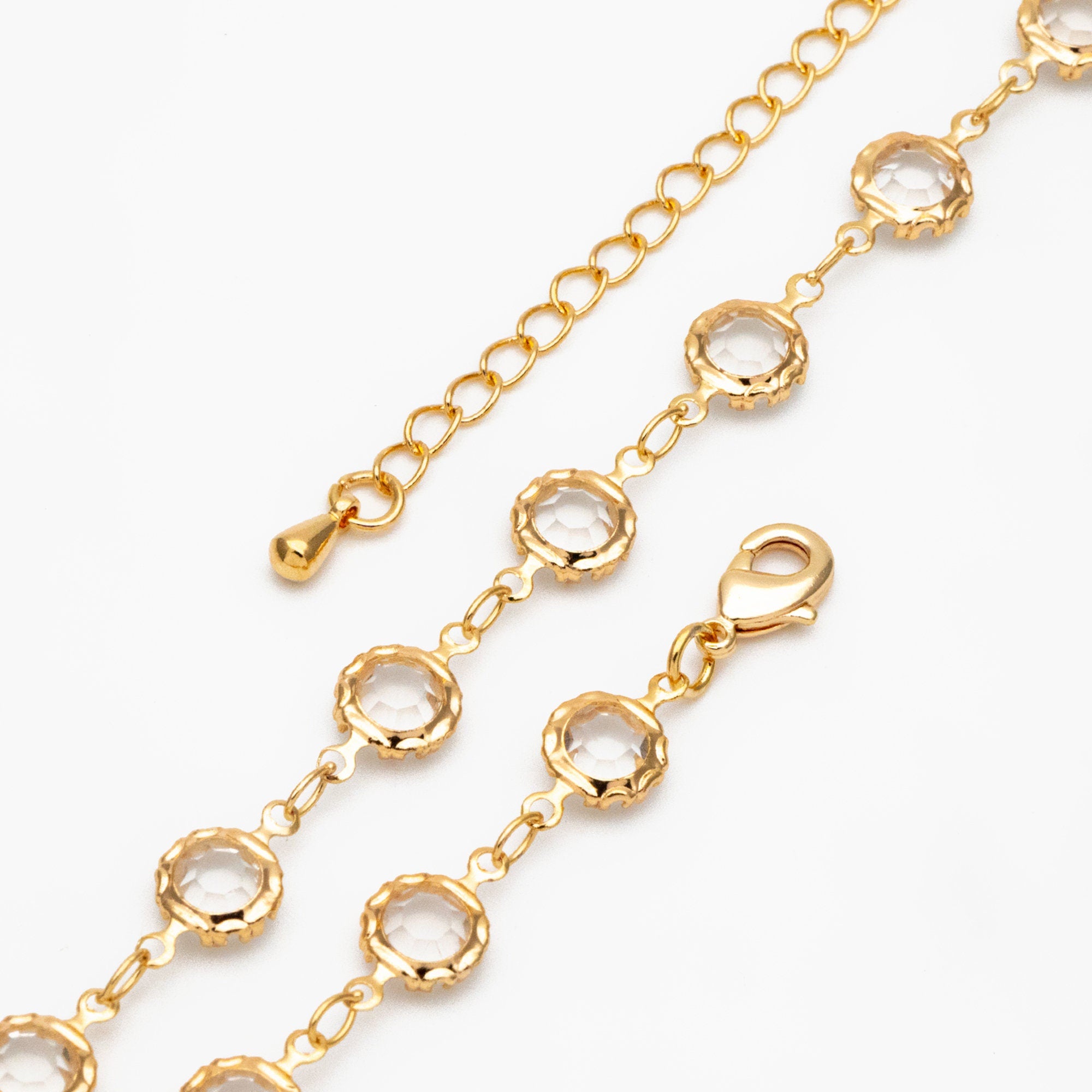 Adjustable Bracelet/ Anklet/ Necklace with Extender, 18K Gold plated Brass, Crystal Coin Bead Chain, Ready to Wear (#LK-183)